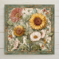 Rustic sunflower and wildflower tile art with a weathered teal border and vibrant summer colors. Printed using premium inks for lasting brilliance. A perfect accent for farmhouse patios, garden walls, or summer kitchen decor. Optional tile wall hanger, easel tile stand, or cork backing available.