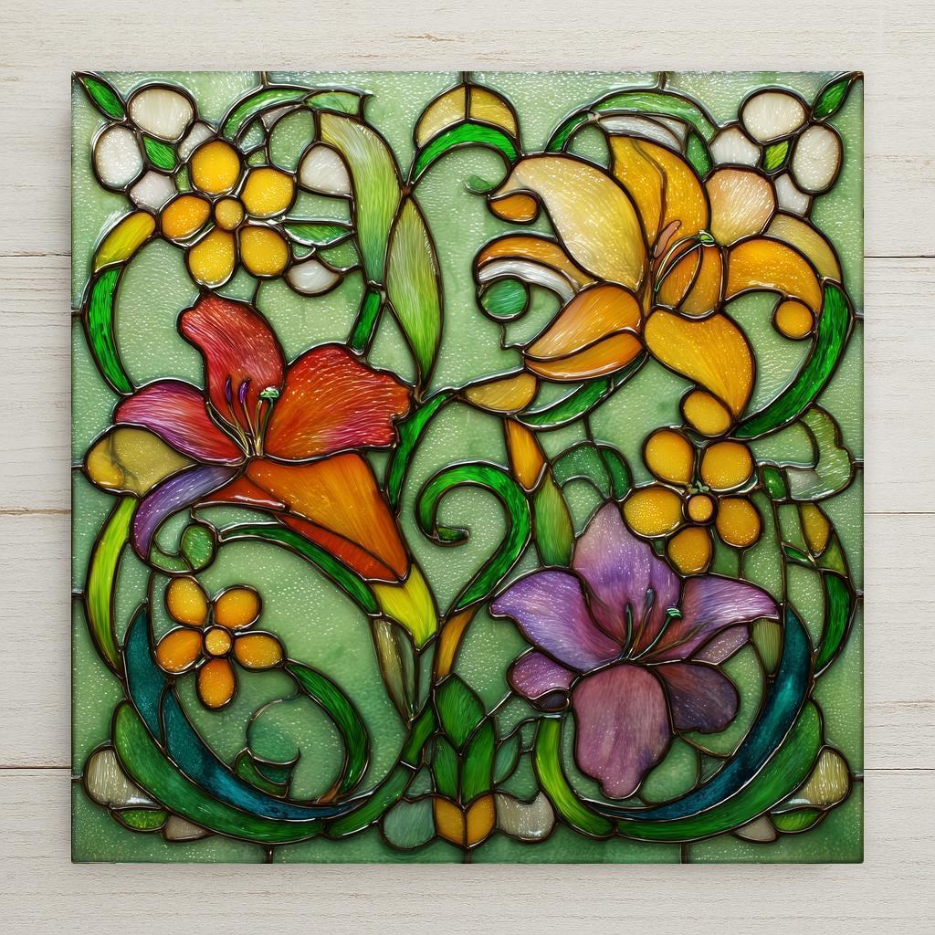 Stained glass–style floral ceramic tile wall art featuring an Art Nouveau botanical design with flowing green vines, yellow blossoms, and purple flowers. A decorative flower tile for wall decor or tabletop display, printed permanently on ceramic and styled to resemble stained glass.