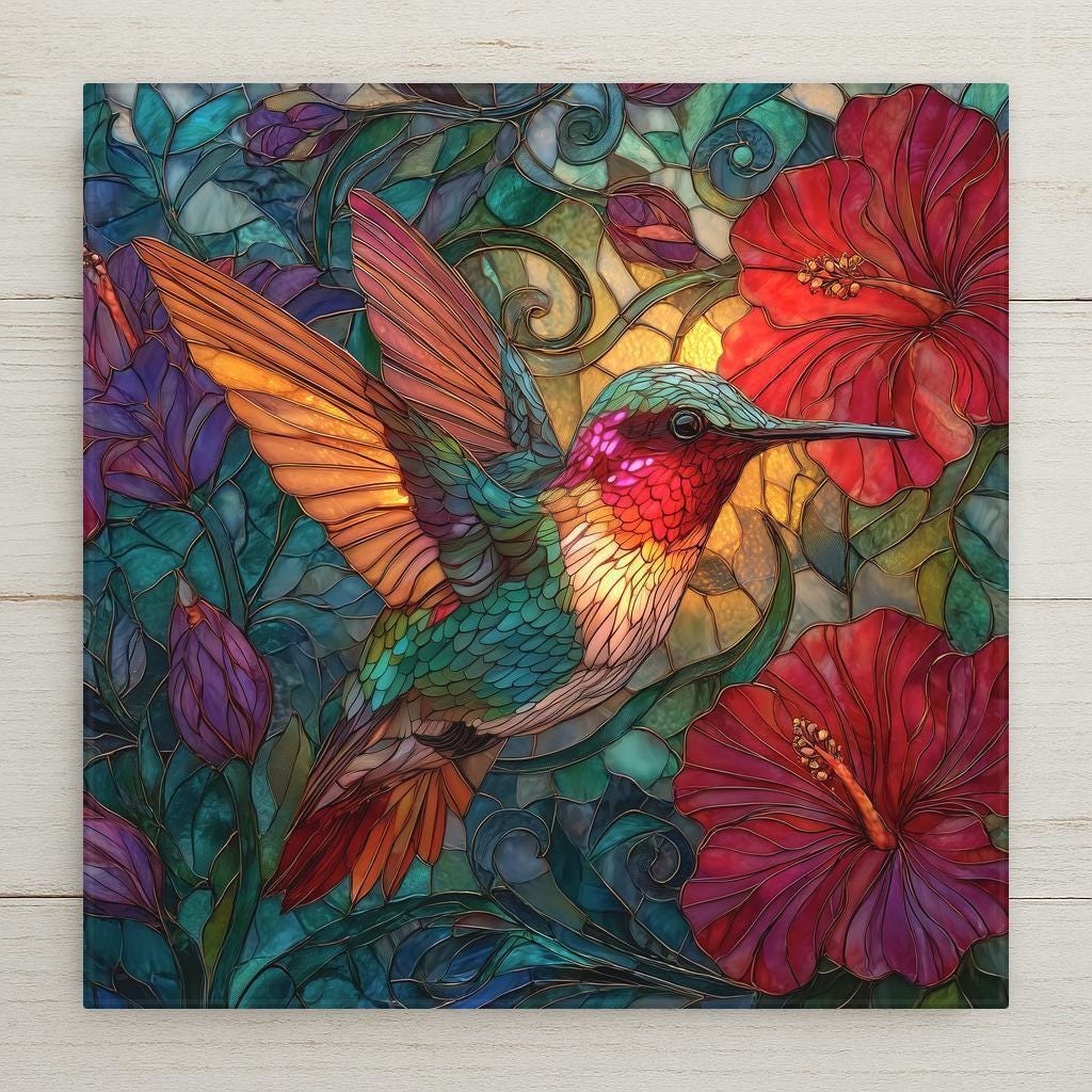 A vibrant stained glass–style hummingbird ceramic tile featuring glowing wings, jewel-tone feathers, and bold hibiscus flowers. Printed artwork on ceramic, not real stained glass. Perfect as wall decor or home decor. Optional tile wall hanger, easel stand, cork backing, and premium frame available.