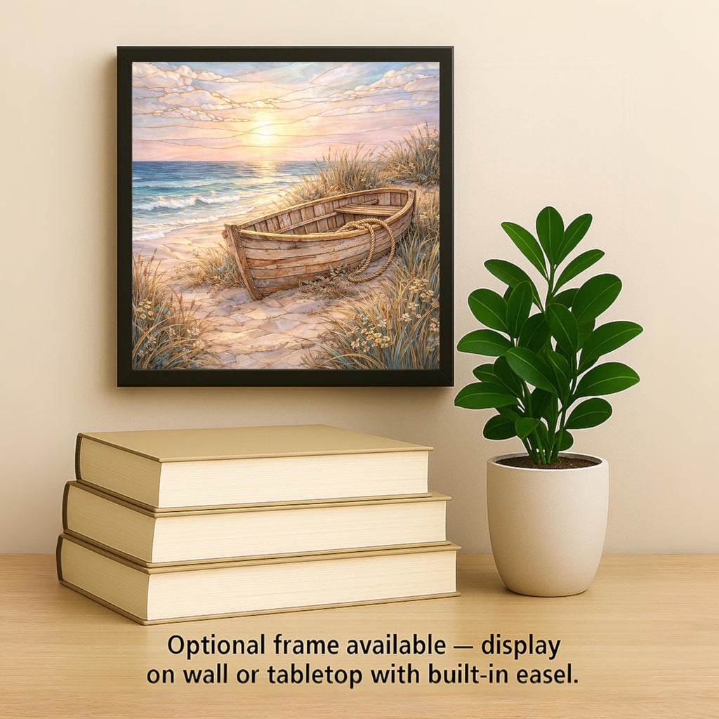 Coastal Rowboat Ceramic Art Tile – Stained Glass Style Beach Wall Decor, Ocean Sunset Nautical Gift