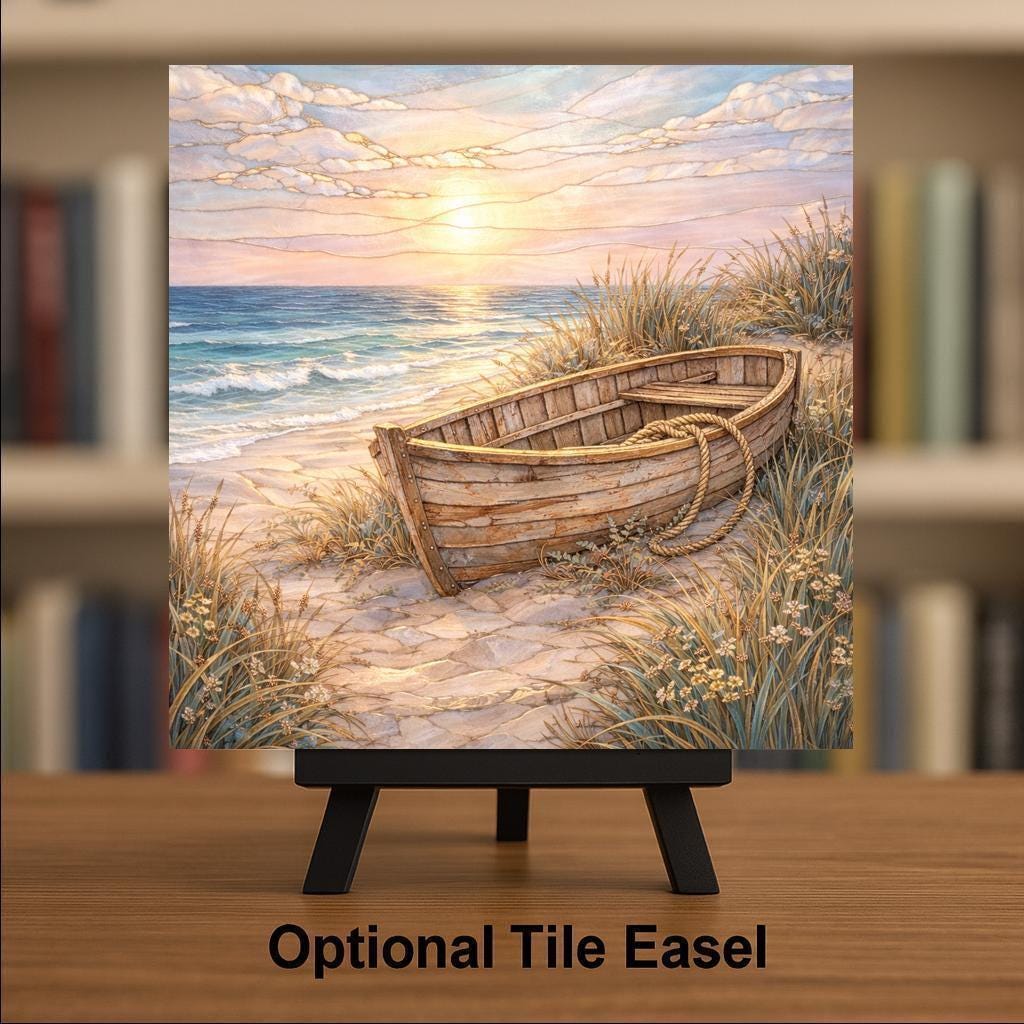 Coastal Rowboat Ceramic Art Tile – Stained Glass Style Beach Wall Decor, Ocean Sunset Nautical Gift