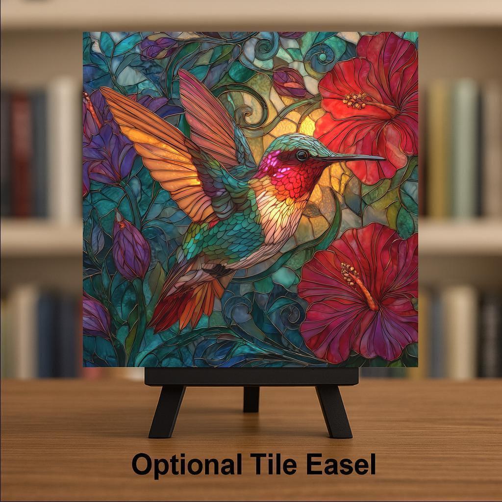 Hummingbird Wall Art Ceramic Tile Stained Glass Style Hibiscus Floral Design Nature Home Decor Botanical Gift Tile