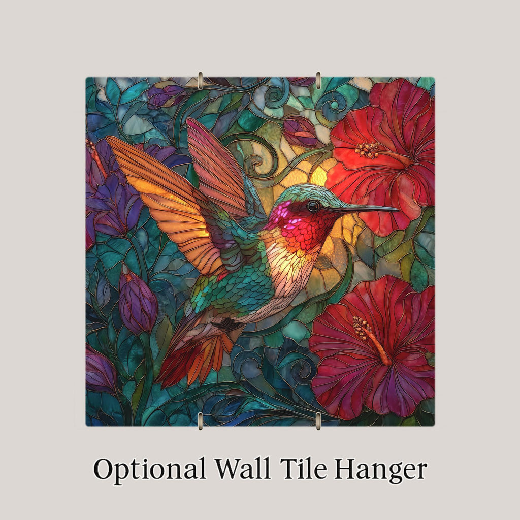 Hummingbird Wall Art Ceramic Tile Stained Glass Style Hibiscus Floral Design Nature Home Decor Botanical Gift Tile