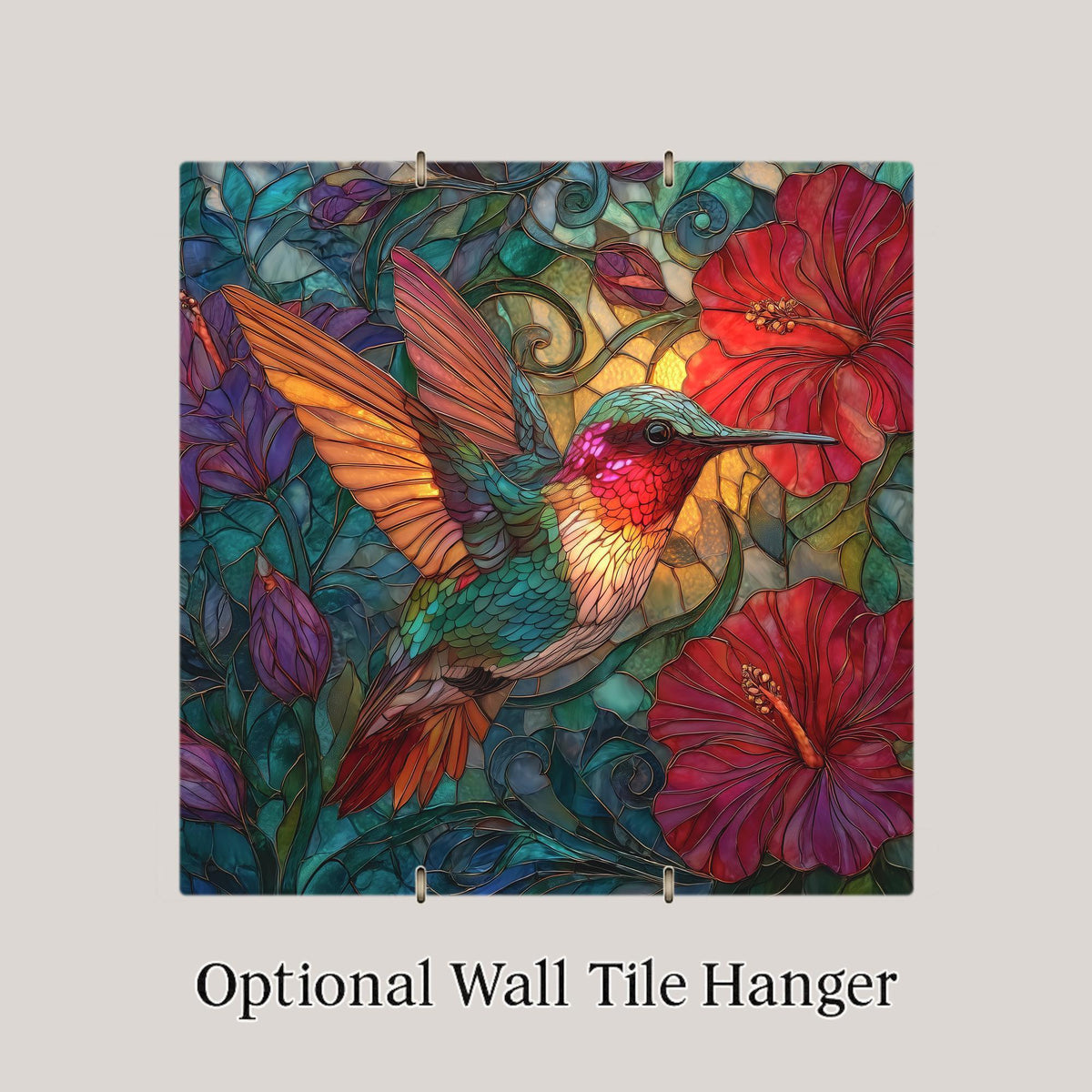 Hummingbird Wall Art Ceramic Tile Stained Glass Style Hibiscus Floral Design Nature Home Decor Botanical Gift Tile