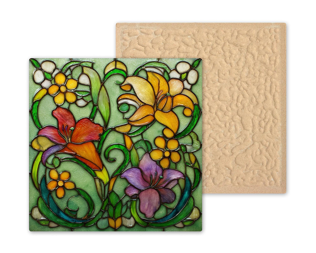 Floral Ceramic Art Tile – Art Nouveau Style, Stained Glass, Botanical Gift, Flower Lover Nature Jewel Tone