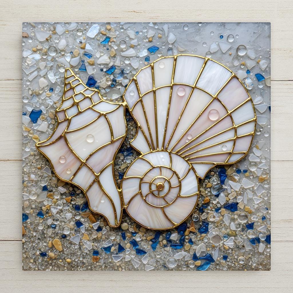 Stained glass style ceramic tile featuring a spiral nautilus shell and conch shell outlined in gold over a textured sea glass and sand background. Soft ivory shells with subtle pink tones rest against scattered blue and white sea glass pieces and water droplets. Coastal wall art ceramic tile with beach decor and nautical home decor feel.