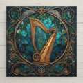 Celtic harp tile in teal, gold, and emerald hues. Art Nouveau stained glass style design adds elegance to any space. Perfect for music lovers, harpists, and Irish décor. Optional wall hanger, easel tile stand, cork backing, or premium frame available.