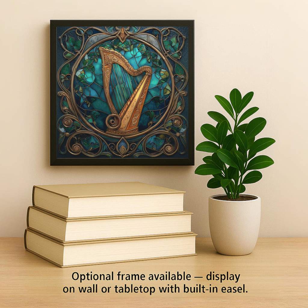 Celtic Harp Ceramic Tile - Art Nouveau Stained Glass Style Wall Decor, Irish Music Gift for Musicians