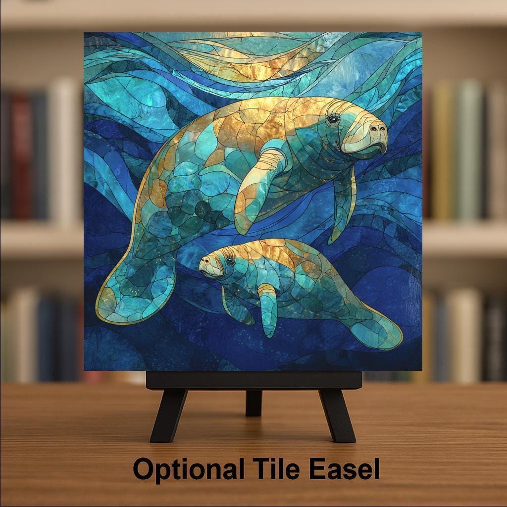 Manatee and Baby Wall Art Ceramic Tile Mother Ocean Gift Coastal Decor Meaningful Art Sea Life Gift Tile