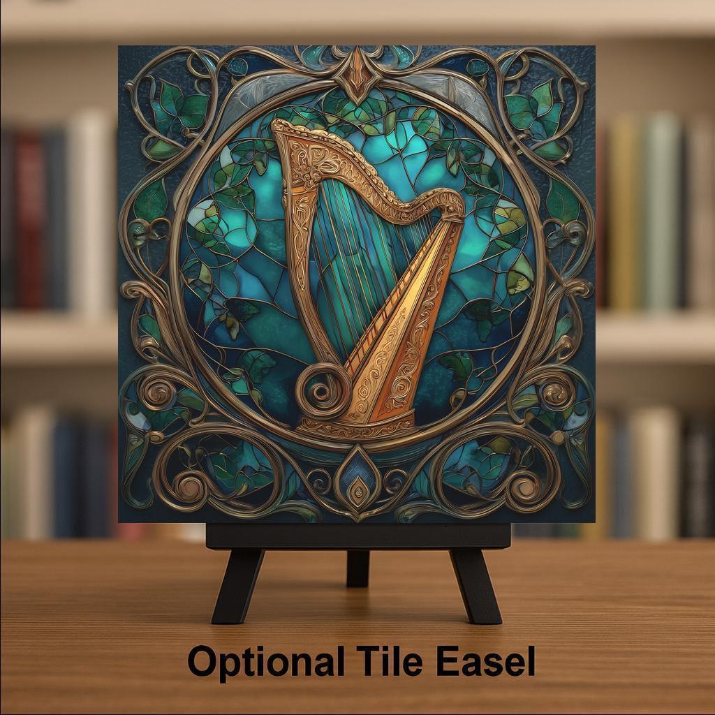 Celtic Harp Ceramic Tile - Art Nouveau Stained Glass Style Wall Decor, Irish Music Gift for Musicians