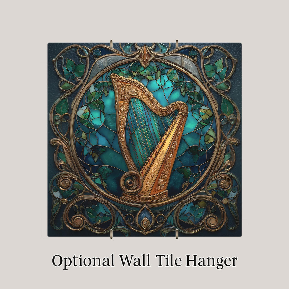 Celtic Harp Ceramic Tile - Art Nouveau Stained Glass Style Wall Decor, Irish Music Gift for Musicians