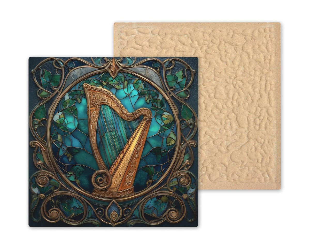 Celtic Harp Ceramic Tile - Art Nouveau Stained Glass Style Wall Decor, Irish Music Gift for Musicians