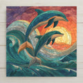 stained glass mosaic dolphins jumping waves sunset ocean art tile