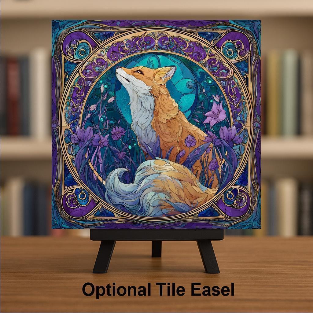 Kitsune Fox Ceramic Art Tile – Stained Glass Style, Japanese Gift, Fox Lover, Mythical Wildlife Art Decor