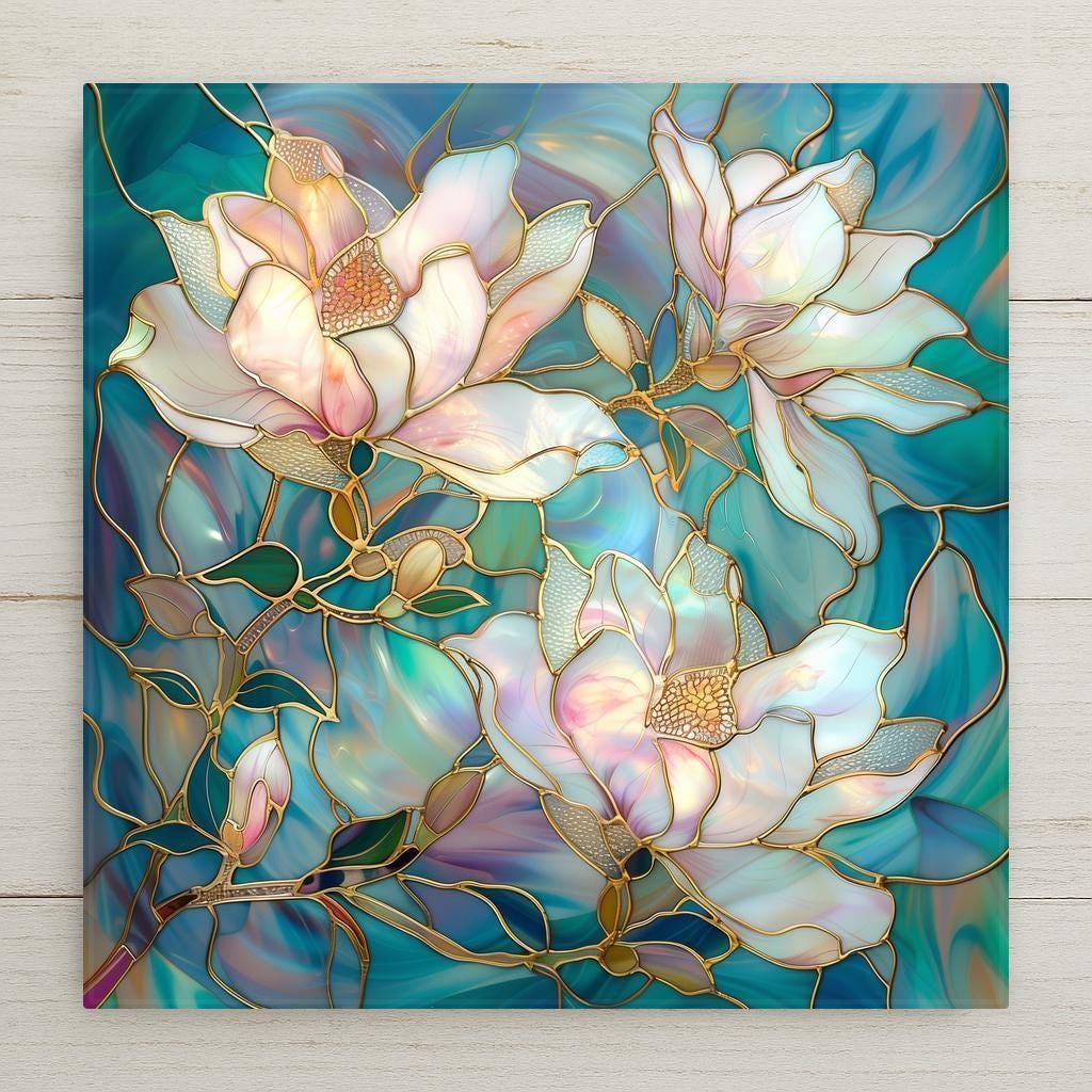 Magnolia Stained Glass Ceramic Tile featuring glowing white and blush blossoms with golden outlines on a teal background. Elegant Art Nouveau botanical wall art and a perfect gift for flower lovers or home décor enthusiasts. Optional add-ons: tile wall hanger, easel tile stand, cork backing.