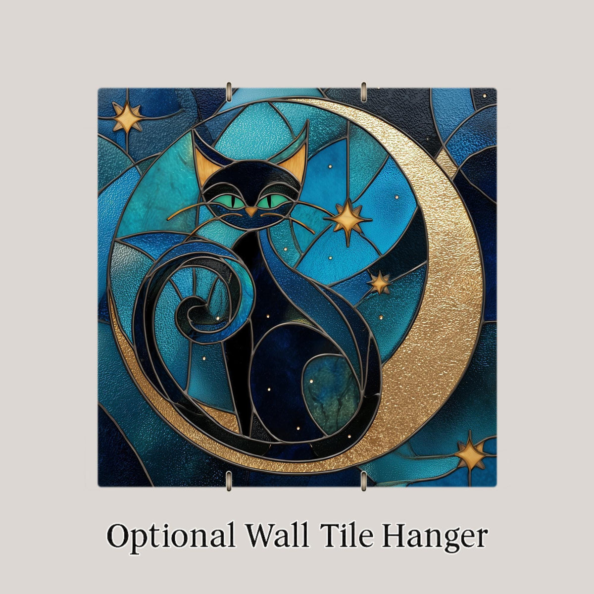 Black Cat Moon Wall Art Ceramic Tile Mystical Gift Stained Glass Style Night Decor Witchy Cat Art Moon Gift Tile