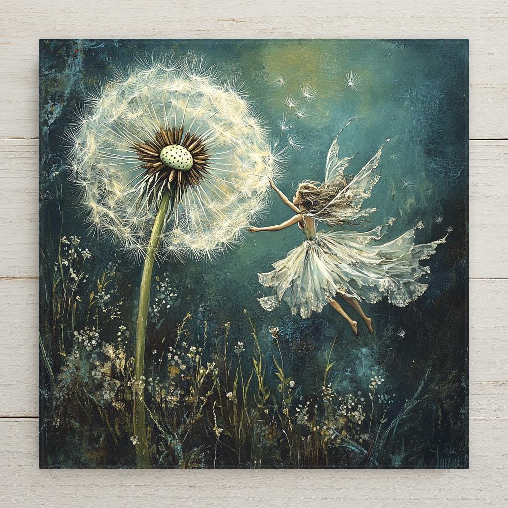 Whimsical fairy ceramic tile with glowing dandelion and twilight sky. Dreamy and delicate, perfect for fairycore decor, enchanted nursery walls, or fantasy art lovers. Glossy ceramic finish enhances the ethereal charm. A magical gift for dreamers, garden spirits, or whimsical home spaces.