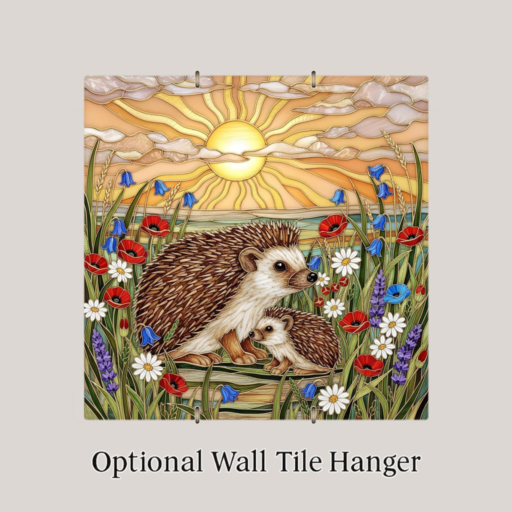 Mother and Baby Hedgehog Stained Glass Style Ceramic Art Tile – Woodland Nursery Wall Decor, New Mom Keepsake