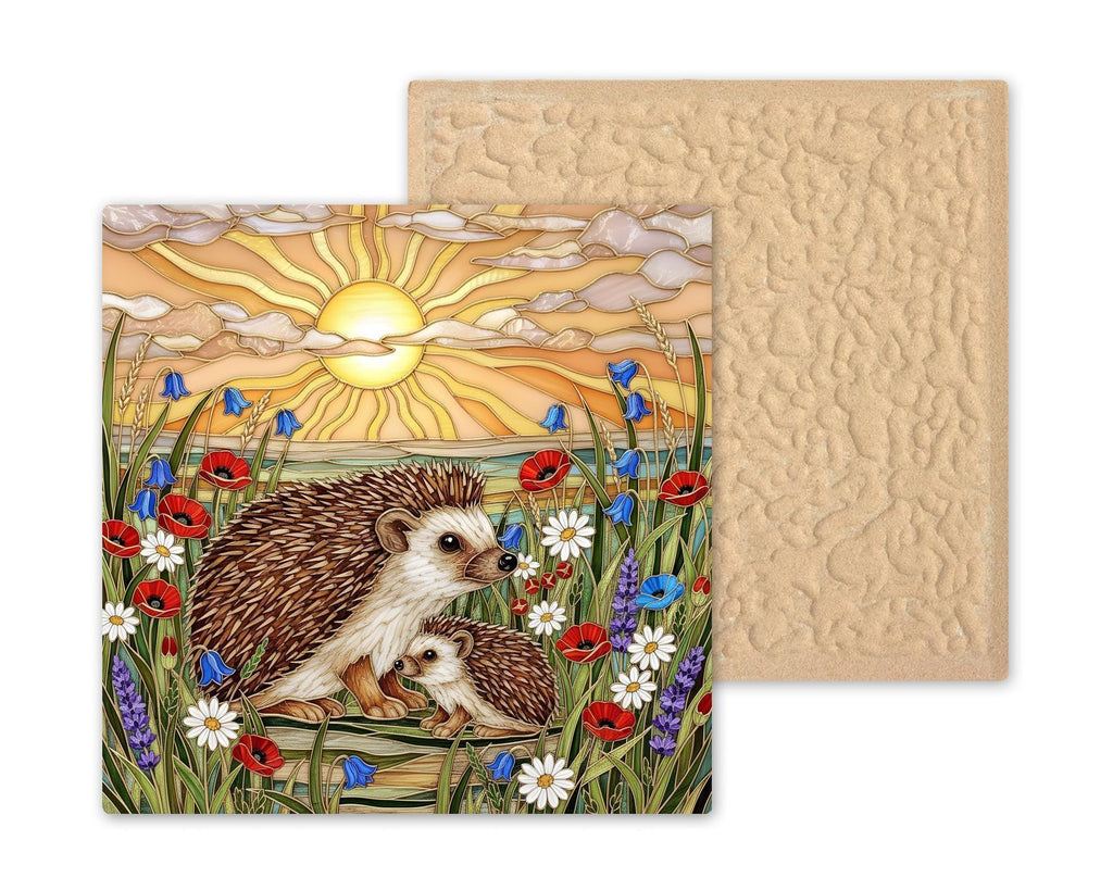 Mother and Baby Hedgehog Stained Glass Style Ceramic Art Tile – Woodland Nursery Wall Decor, New Mom Keepsake