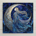 Stained glass-style ceramic tile featuring a flowing Moon Goddess in deep blue tones, surrounded by ornate crescent details and elegant swirling patterns.