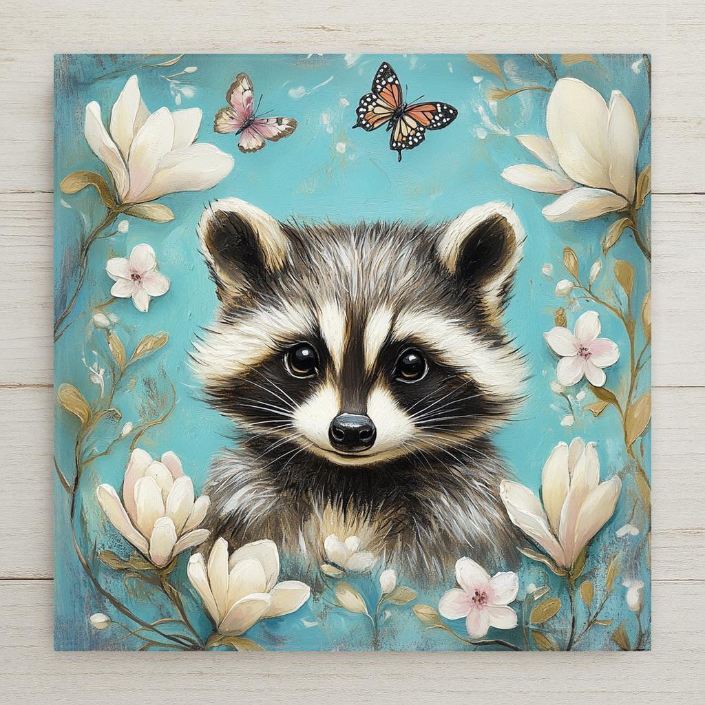 Adorable raccoon art tile with magnolia blossoms and teal background wall art. Optional: tile wall hanger, tile stand, or cork backing available.