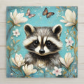 Adorable raccoon art tile with magnolia blossoms and teal background wall art. Optional: tile wall hanger, tile stand, or cork backing available.