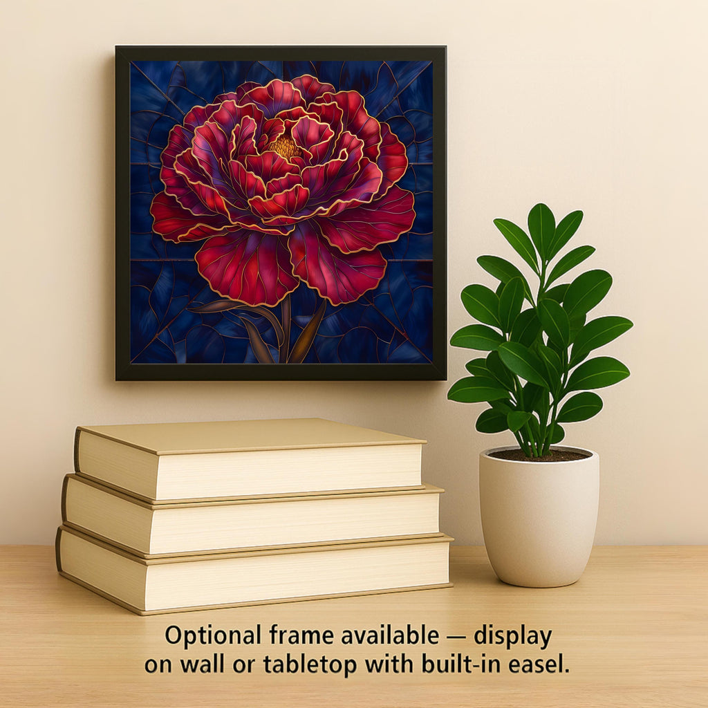 Peony Stained Glass Style Ceramic Art Tile – Burgundy Floral Wall Decor, Dark Academia Moody Maximalist Accent
