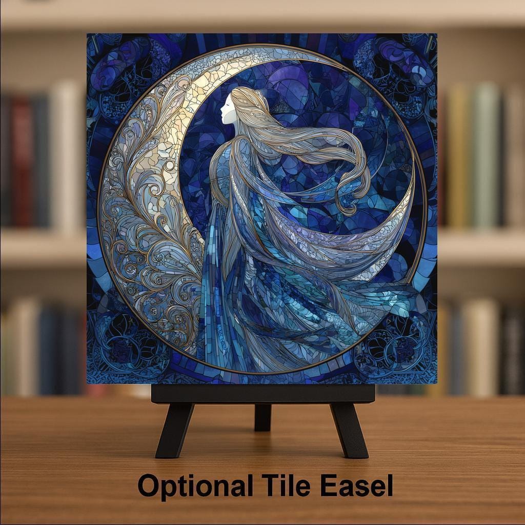 Moon Goddess Stained Glass Style Ceramic Art Tile – Moonlit Mystical Wall Decor, Celestial Fantasy Spiritual Gift