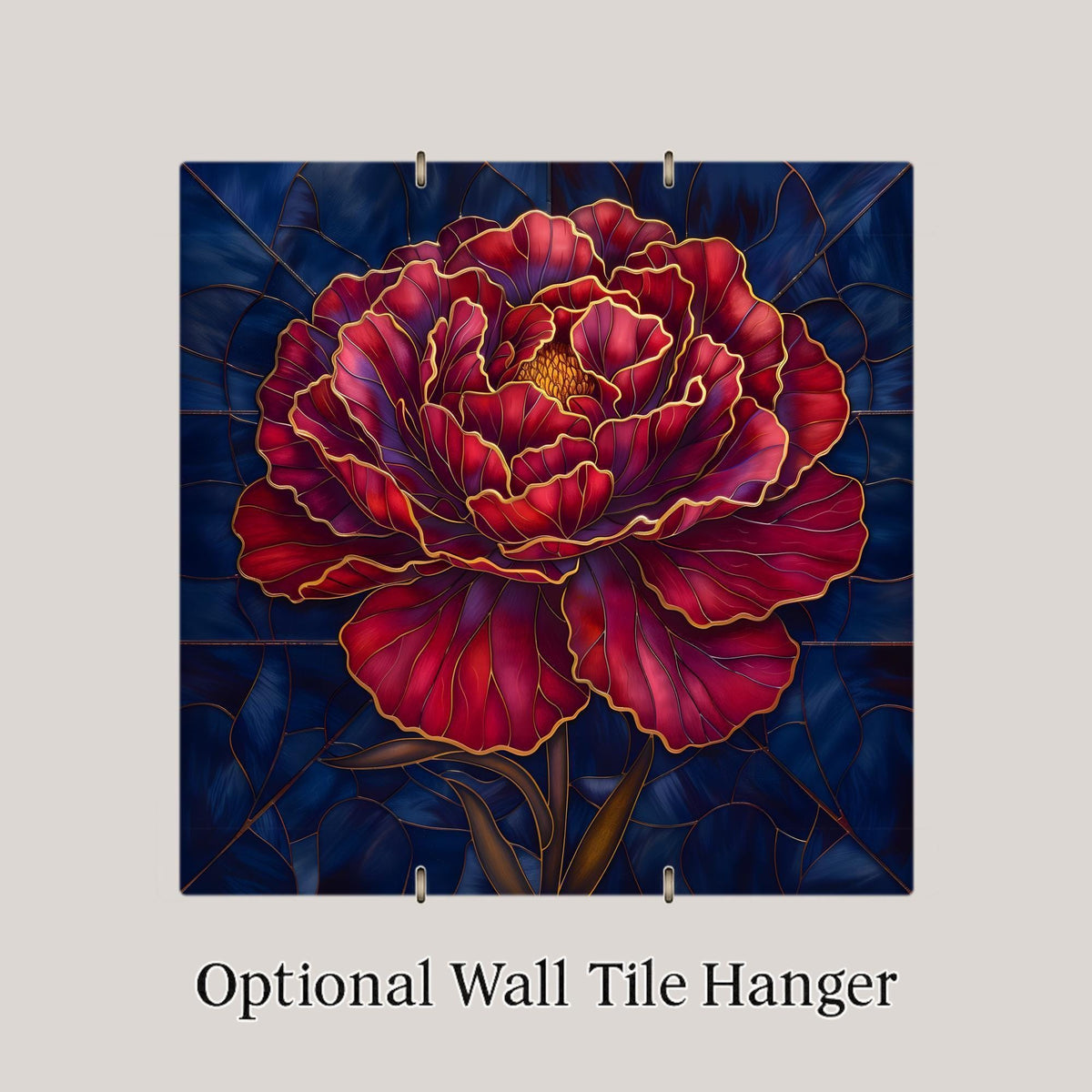 Peony Stained Glass Style Ceramic Art Tile – Burgundy Floral Wall Decor, Dark Academia Moody Maximalist Accent