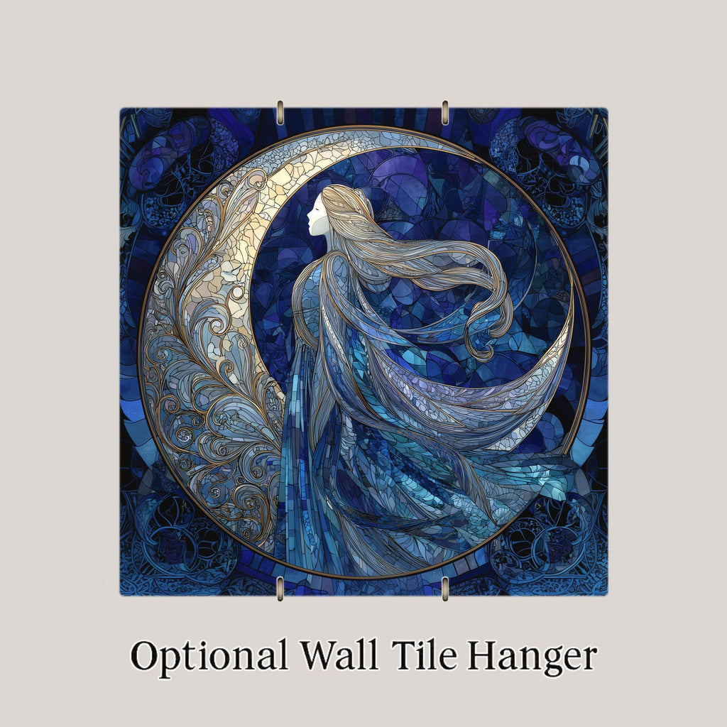Moon Goddess Stained Glass Style Ceramic Art Tile – Moonlit Mystical Wall Decor, Celestial Fantasy Spiritual Gift