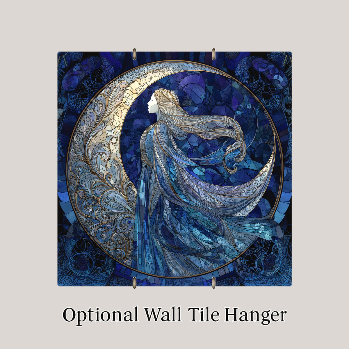 Moon Goddess Stained Glass Style Ceramic Art Tile – Moonlit Mystical Wall Decor, Celestial Fantasy Spiritual Gift