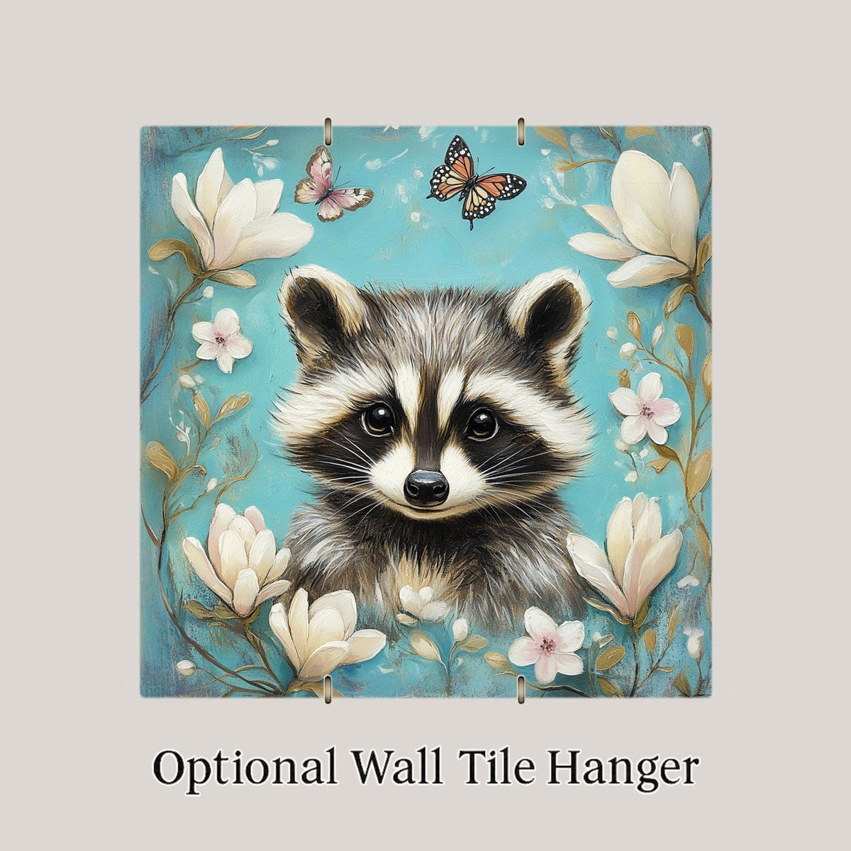 Raccoon Magnolia Wall Art Ceramic Tile Woodland Gift Teal Decor Nature Art Raccoon Lover Cottagecore Gift Tile