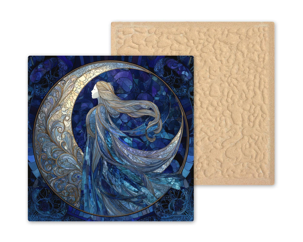 Moon Goddess Stained Glass Style Ceramic Art Tile – Moonlit Mystical Wall Decor, Celestial Fantasy Spiritual Gift
