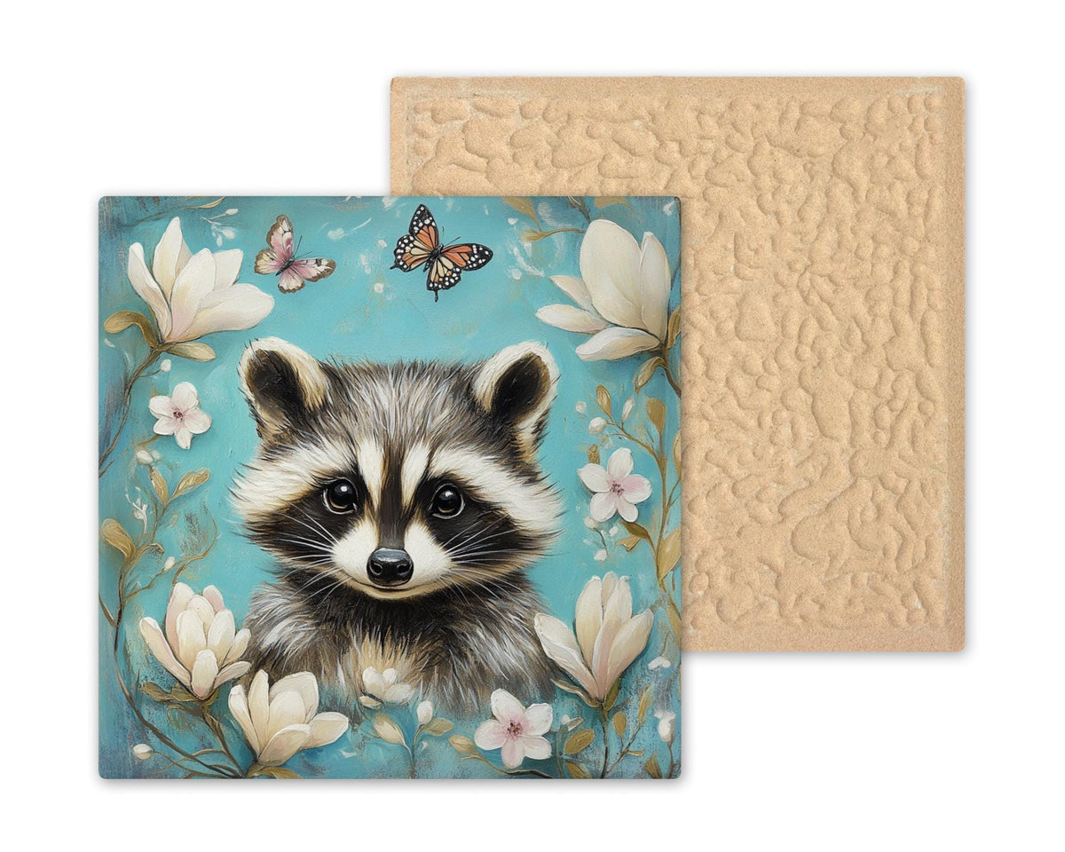 Raccoon Magnolia Wall Art Ceramic Tile Woodland Gift Teal Decor Nature Art Raccoon Lover Cottagecore Gift Tile