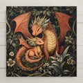 Mythical red dragon tile art in woodland gothic style. Art Nouveau Saint George fantasy decor for dragon lovers and magical home accents.