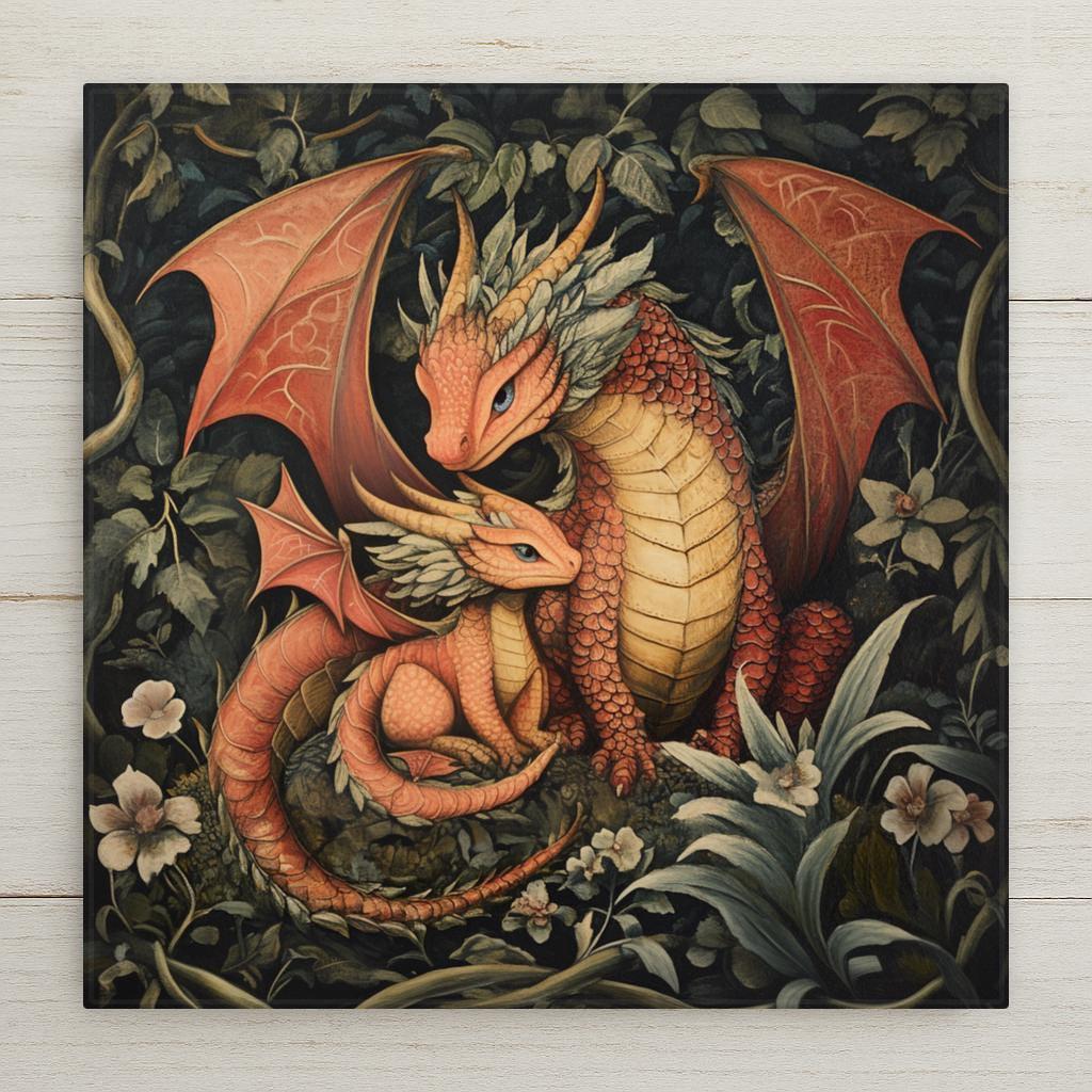 Mythical red dragon tile art in woodland gothic style. Art Nouveau Saint George fantasy decor for dragon lovers and magical home accents.