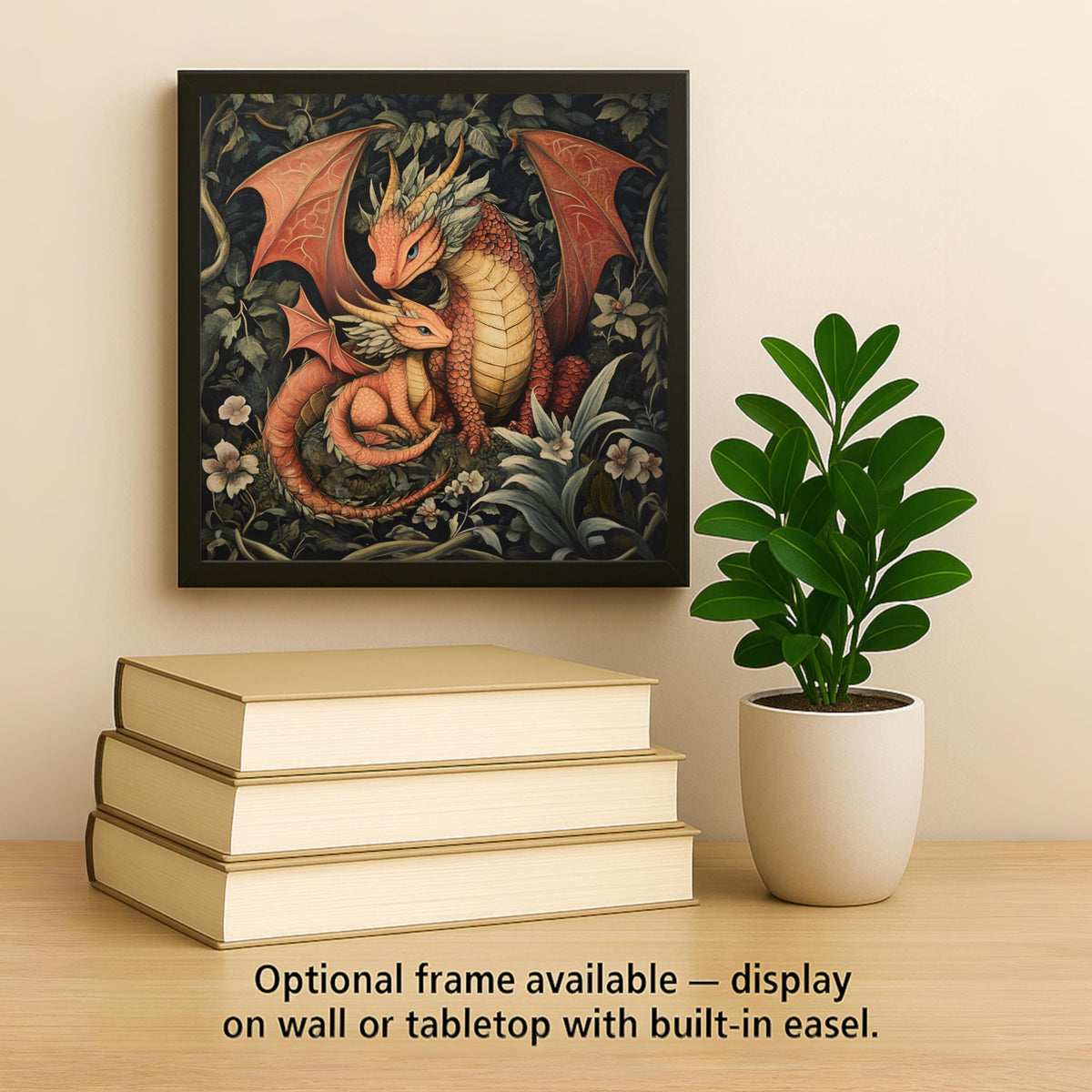 Dragon Family Wall Art Ceramic Tile Fantasy Gift Mother Baby Decor Botanical Dragon Art Mythical Gift Tile