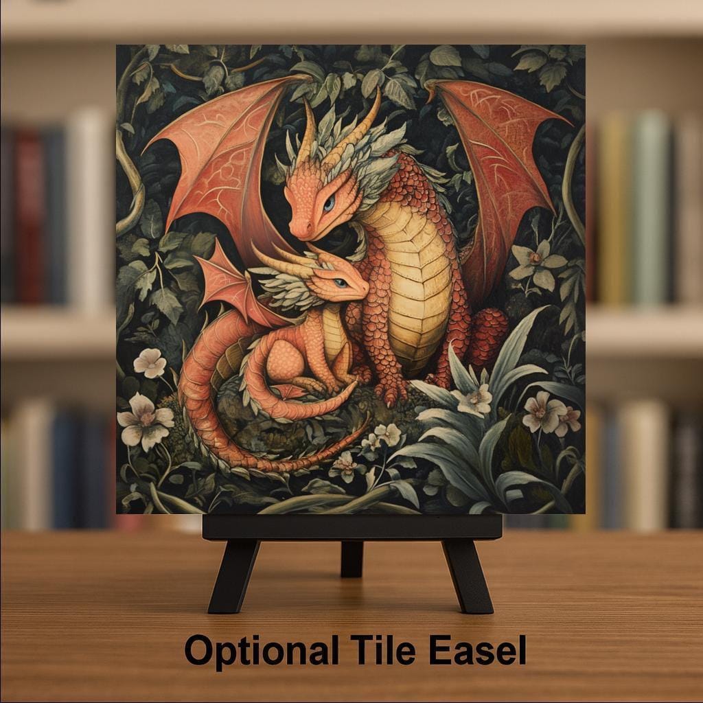 Dragon Family Wall Art Ceramic Tile Fantasy Gift Mother Baby Decor Botanical Dragon Art Mythical Gift Tile