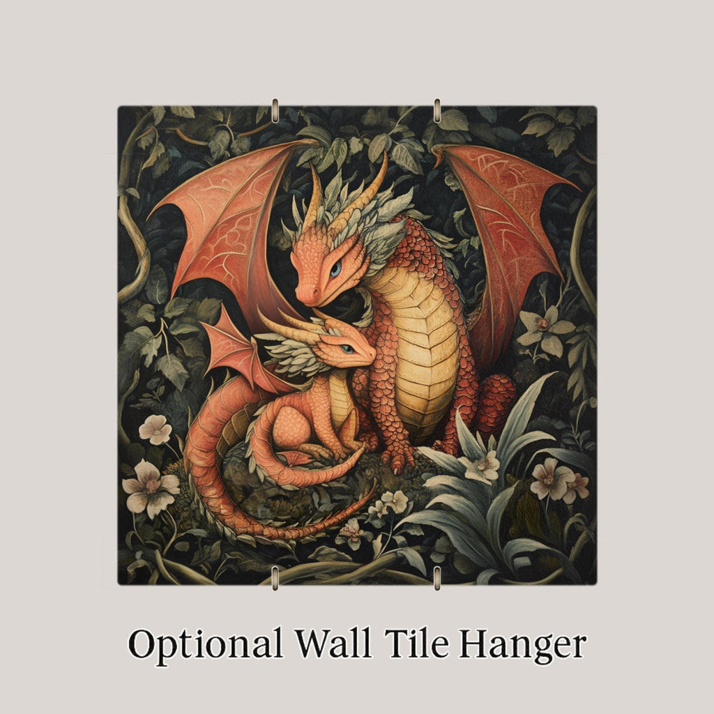 Dragon Family Wall Art Ceramic Tile Fantasy Gift Mother Baby Decor Botanical Dragon Art Mythical Gift Tile
