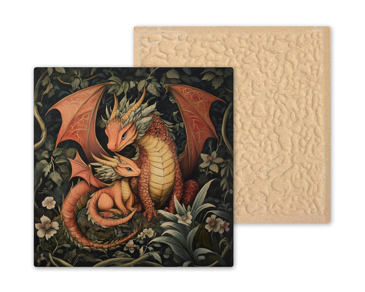 Dragon Family Wall Art Ceramic Tile Fantasy Gift Mother Baby Decor Botanical Dragon Art Mythical Gift Tile