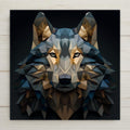 Geometric wolf wall art ceramic tile in stained glass style. Modern animal decor with rustic tones. Optional tile wall hanger, easel tile stand, or cork backing available.
