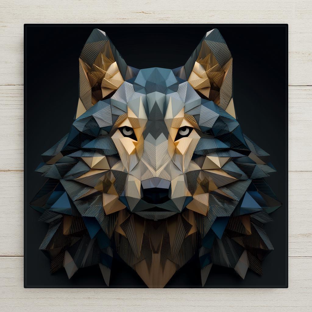 Geometric wolf wall art ceramic tile in stained glass style. Modern animal decor with rustic tones. Optional tile wall hanger, easel tile stand, or cork backing available.