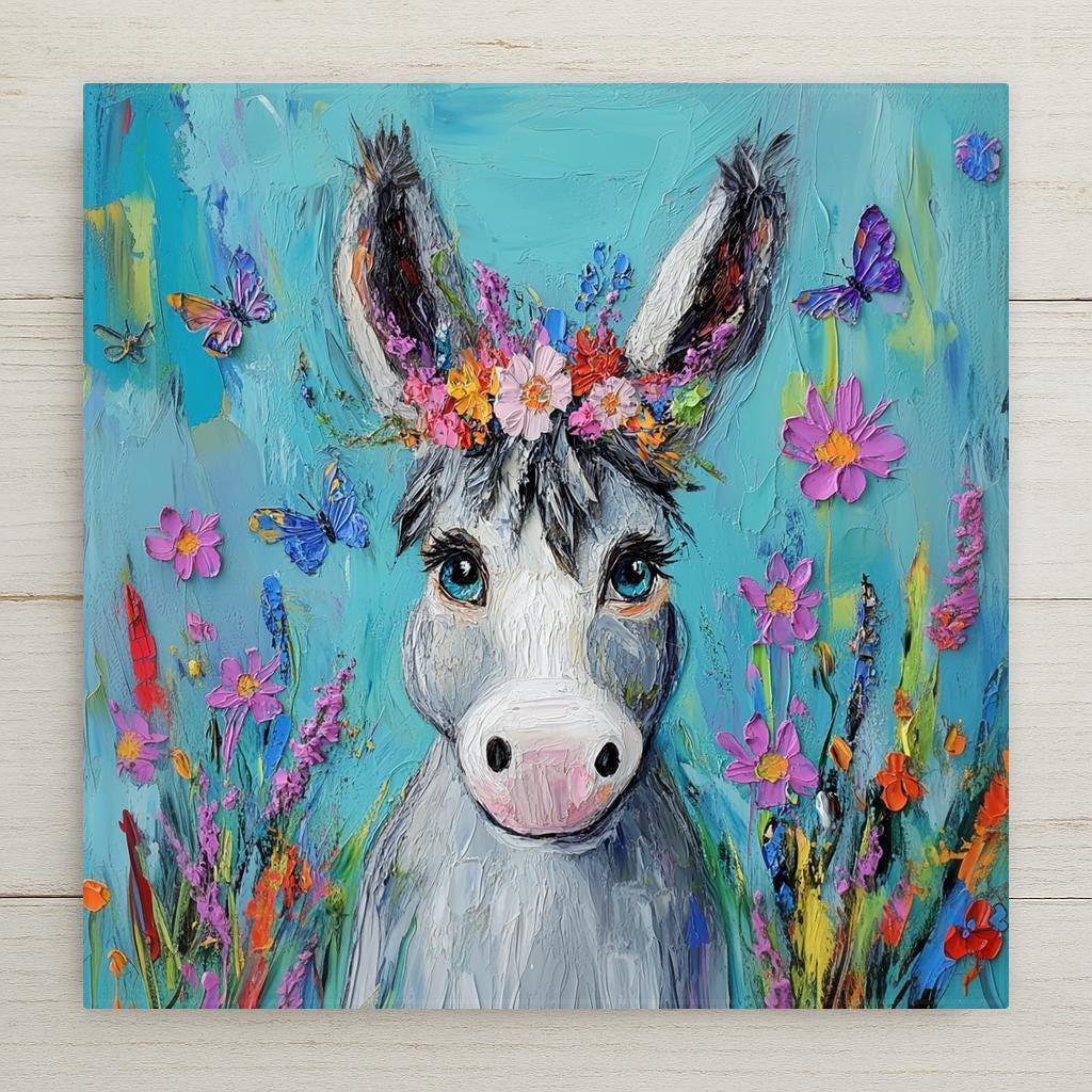 This Donkey Ceramic Tile features a flower-crowned donkey with butterflies and flowers on a turquoise background. Perfect spring or cottagecore decor. Optional tile wall hanger, cork backing, or stand available.
