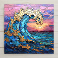 Bold stained glass-style ocean tile with golden wave crest and glowing sunset. Vibrant handmade beach decor perfect for coastal homes or sea lover gifts.