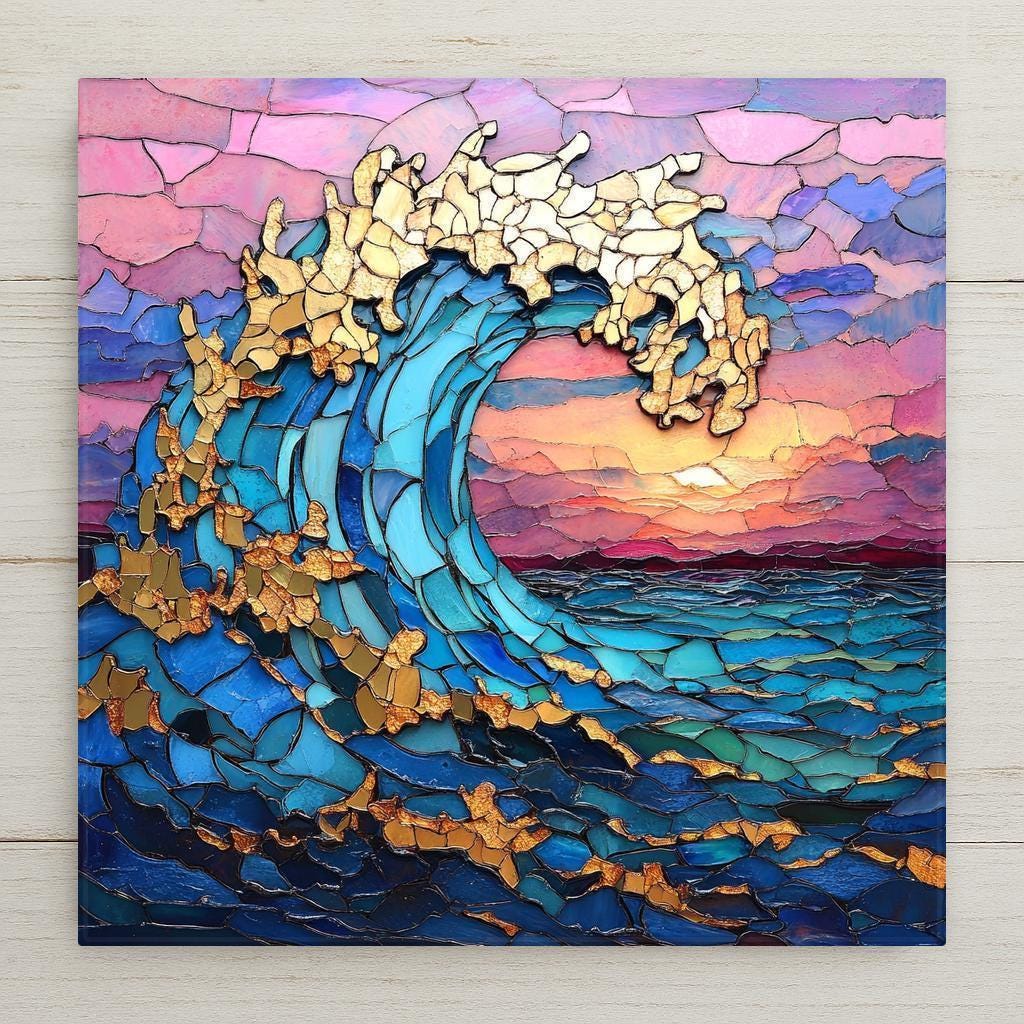 Bold stained glass-style ocean tile with golden wave crest and glowing sunset. Vibrant handmade beach decor perfect for coastal homes or sea lover gifts.