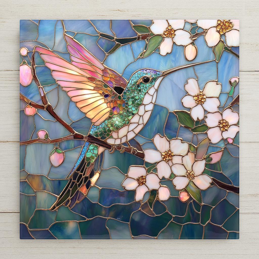 This vibrant Hummingbird Ceramic Tile features a glowing emerald bird with pink wings among white blossoms and a deep blue stained-glass style background.