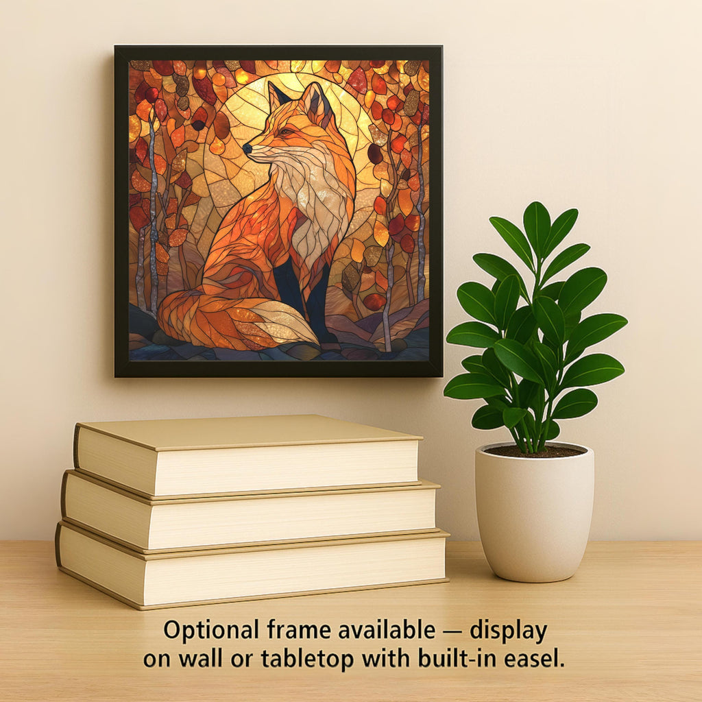 Fox Stained Glass Style Ceramic Art Tile – Autumn Wildlife Wall Decor, Rustic Cabin Nature Lover Gift