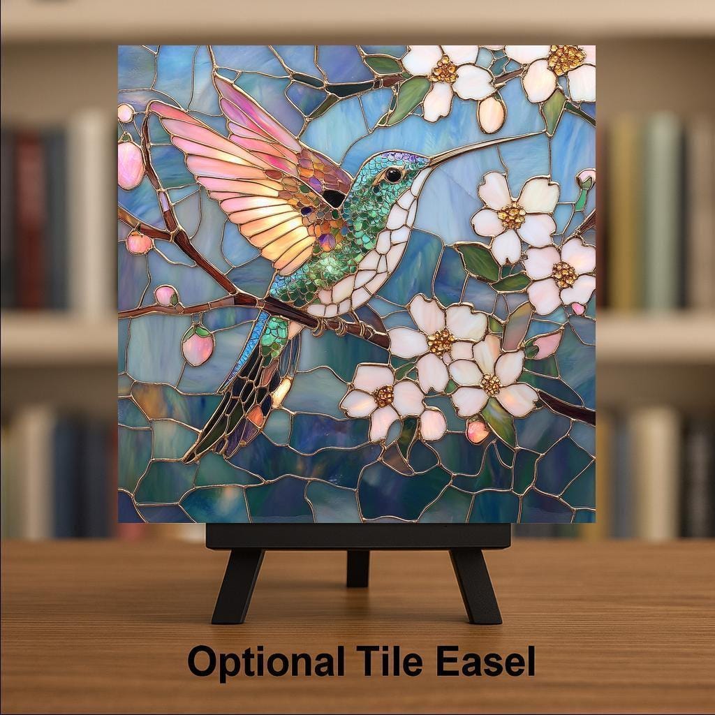 Blue Floral Hummingbird Wall Art Ceramic Tile Stained Glass Style Nature Gift Garden Bird Art Hummingbird Lover Mothers Day