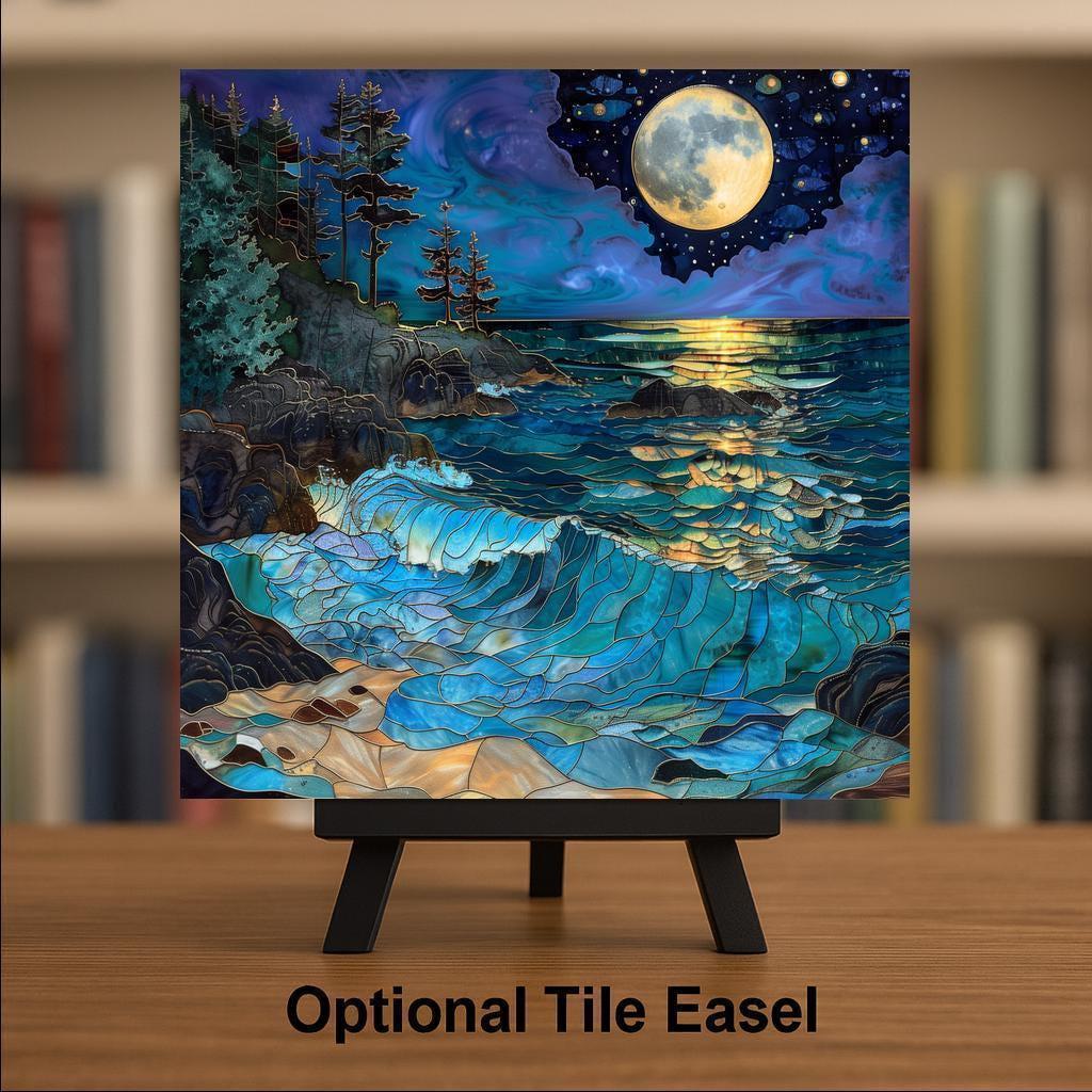Full Moon Ocean Ceramic Art Tile – Luxury Coastal Wall Decor, Dramatic Gold Moon Seascape Gift