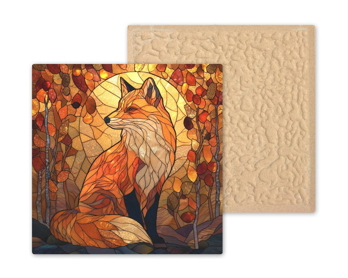 Fox Stained Glass Style Ceramic Art Tile – Autumn Wildlife Wall Decor, Rustic Cabin Nature Lover Gift
